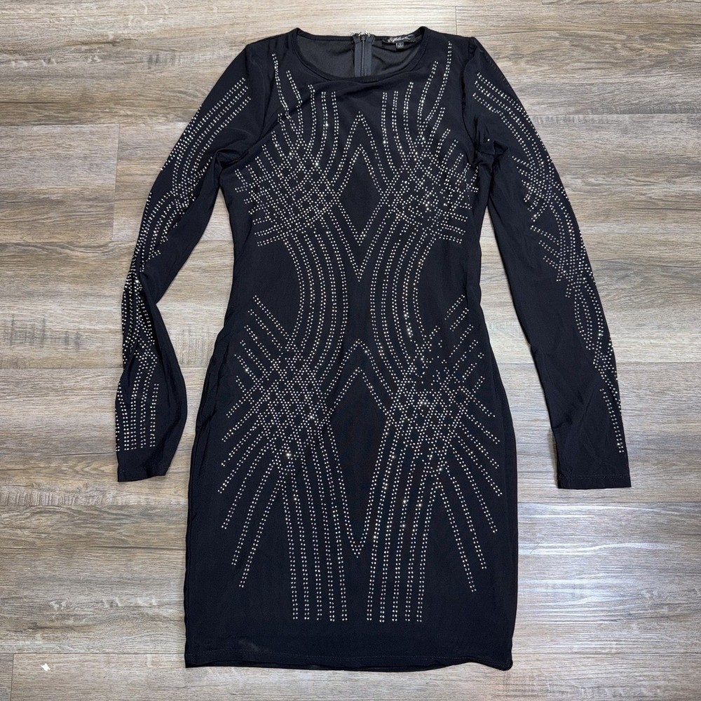 Blashe Sleek Black Long-Sleeve Bodycon Mini Dress Womens L Silver Rhinestones
